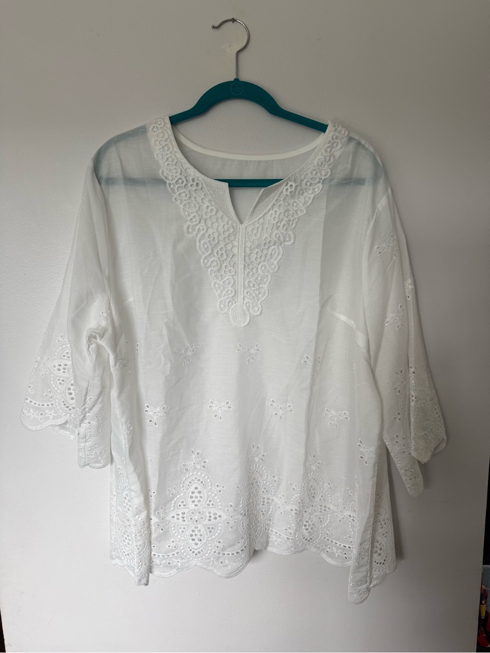 Women's White Eyelet V-Neck Blouse with Lace Trim